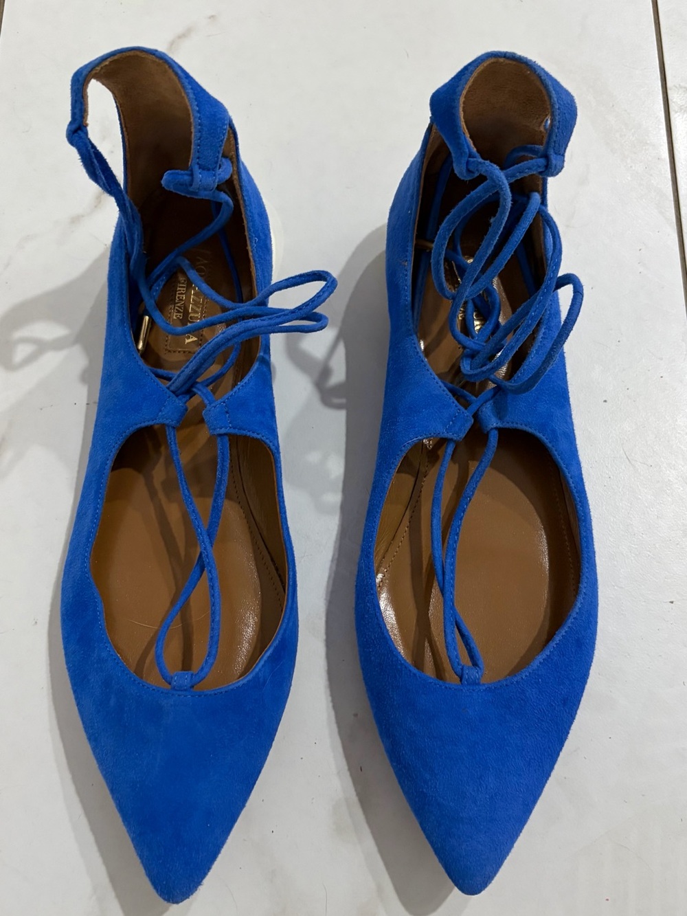 Aquazzura Royal Christy Blue Suede Pointed Flats 7.5